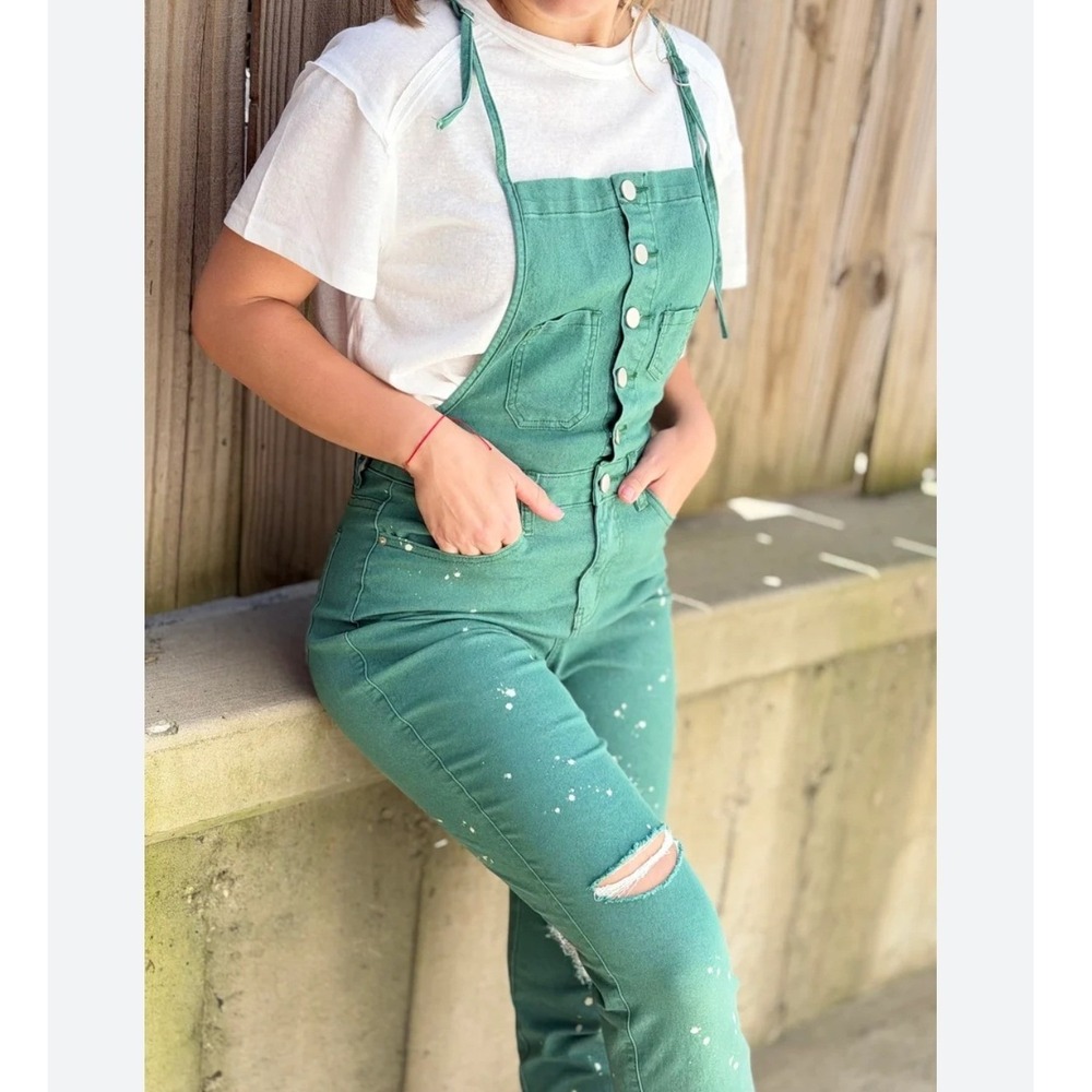 Easel Green Paint Splatter Distressed Denim Overalls Sage Green Large NWT